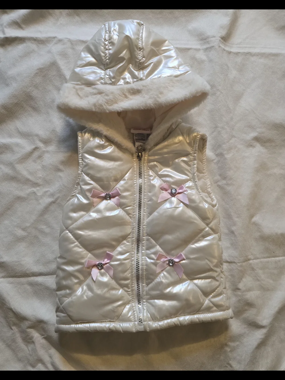 Little Lass Girls 3T White Quilted Puffer Vest Faux Fur Hood Pink Bow Winter